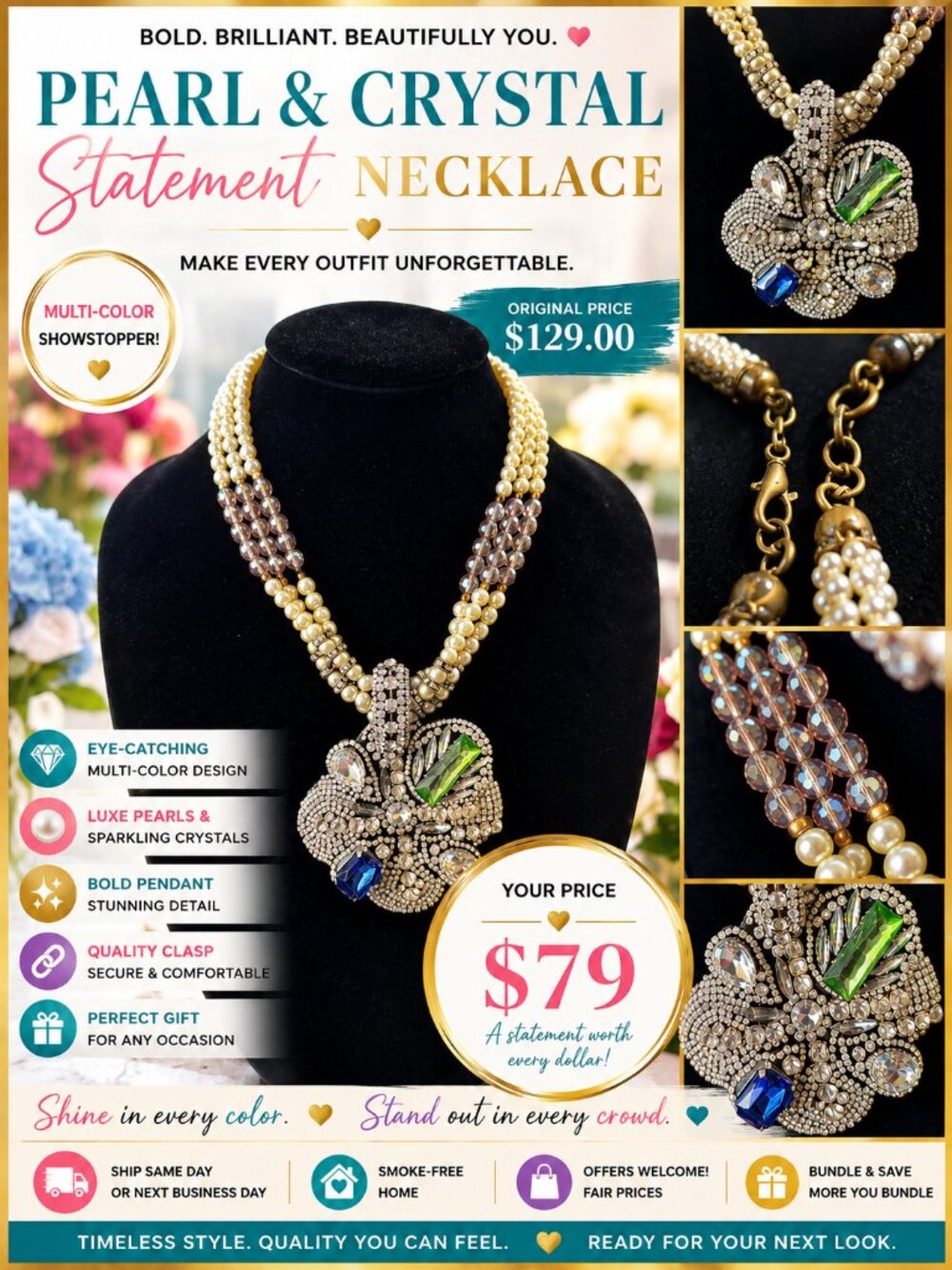 Pearl Crystal Statement Necklace | Rhinestone Floral Pendant | Multistrand Ivory